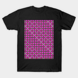 1970s Retro Inspired Polyhedral Dice Set and Leaf Seamless Pattern - Magenta T-Shirt